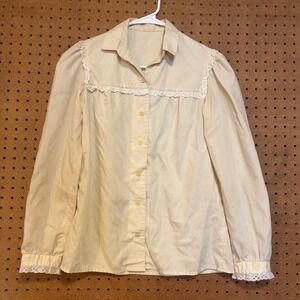 Vintage Cream Eyelet Lace Trim Button Up Blouse Prairie Cottagecore Handmade